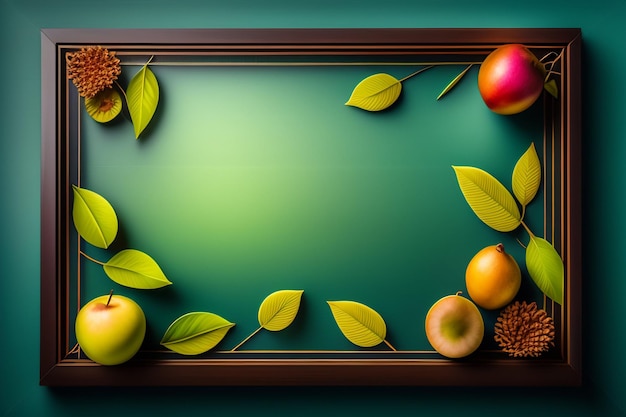 A green frame with fruits on it