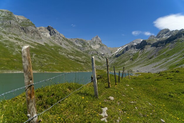 Green grass field near mountain under blue sky during daytime