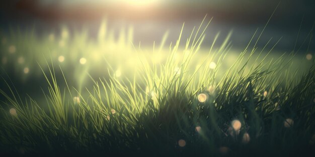 Green grass nature field closeup backlit by golden sunlight with sun rays Natural spring grass on blurred bokeh background