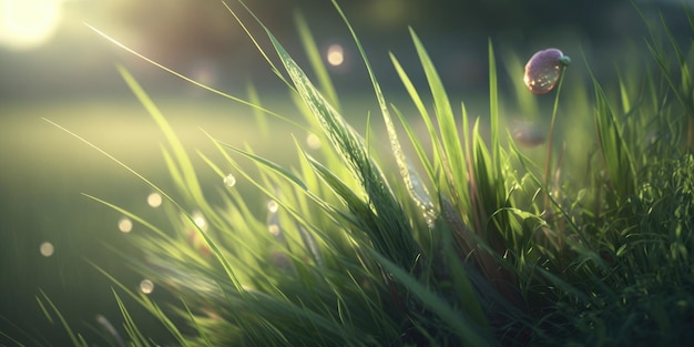 Free photo green grass nature field closeup backlit by golden sunlight with sun rays natural spring grass on blurred bokeh background