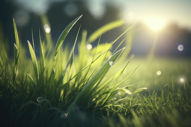 Green grass nature field closeup backlit by golden sunlight with sun rays Natural spring grass with water drops on blurred bokeh background