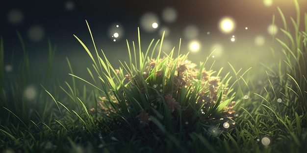 Free Photo green grass nature field closeup backlit by golden sunlight with sun rays natural spring grass