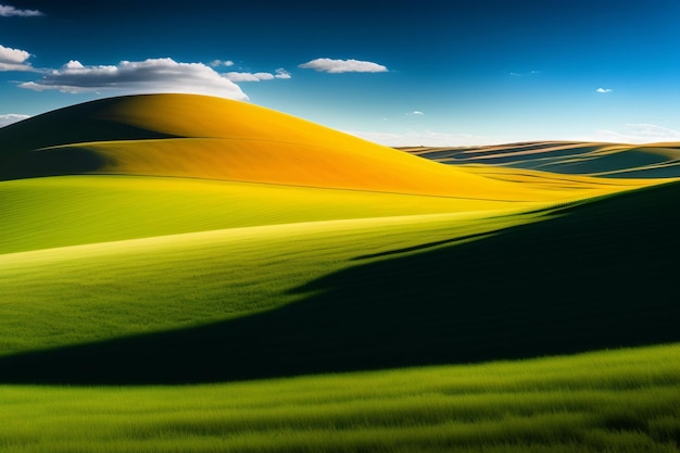 A green hill with a blue sky and the sun is shining on the horizon.