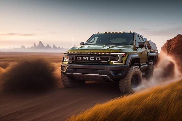 A green jeep pickup truck drives through a desert landscape.