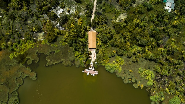 Free Photo green lake in the middle of an island sorrounded by trees and house in maldives