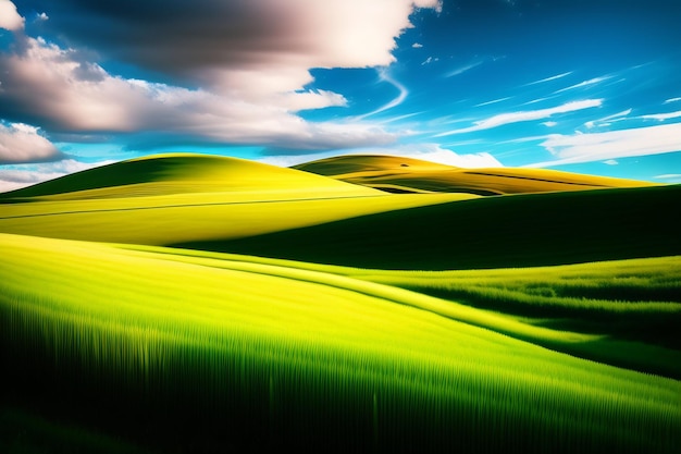 A green landscape with a blue sky and clouds