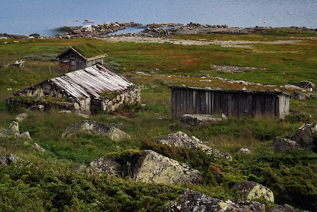 Free Photo green landscape with wooden barns near a lake in norway