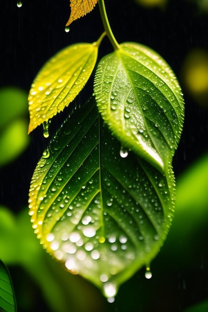 A green leaf with water droplets on it is covered in rain.