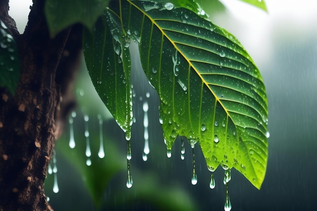 Free photo a green leaf with water droplets on it is covered with raindrops.