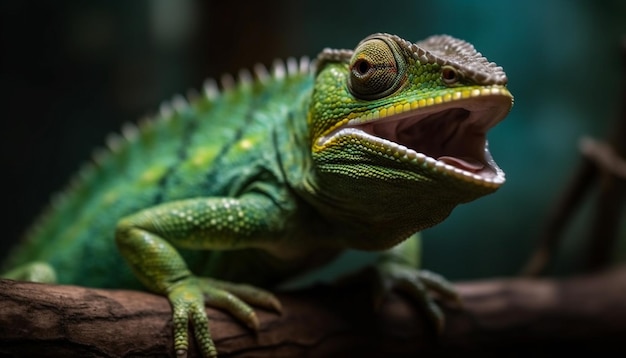 Free photo green lizard on branch close up portrait generated by ai