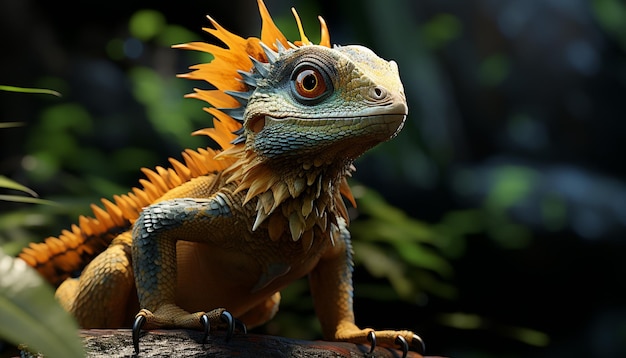 Free photo green lizard perching on branch its scales and horned head generated by artificial intelligence