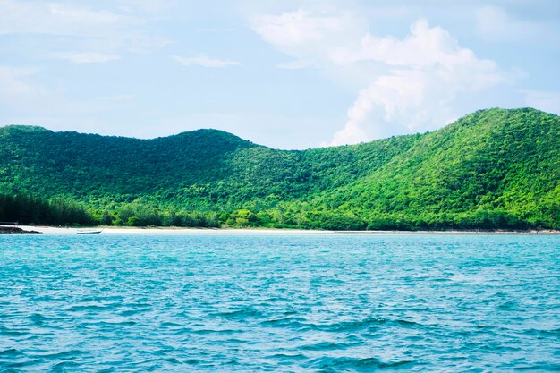 Green mountain in front of blue sea