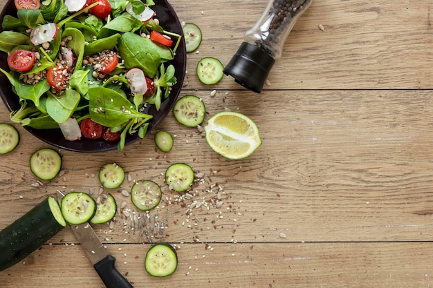 Green onion and cucumber for salad with copy-space