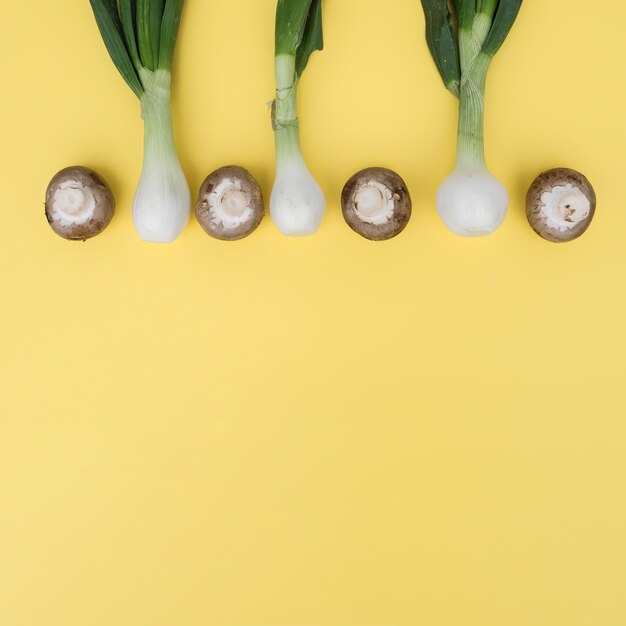 Green onions and mushrooms in composition