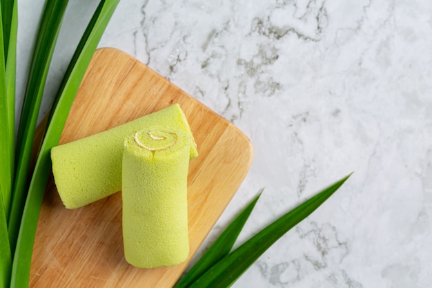 Green pandan roll cake ready to eat