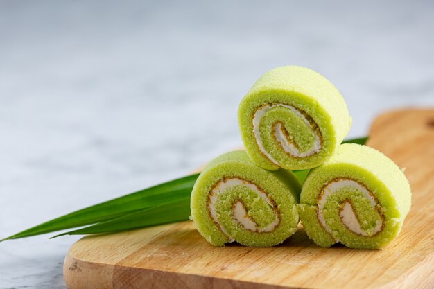 Green pandan roll cake ready to eat