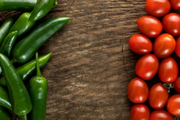 Green pepper spicy fresh and red cherry tomatoes on wooden brown desk