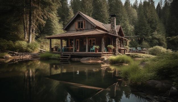 Free photo green pine trees reflect in tranquil pond generated by ai