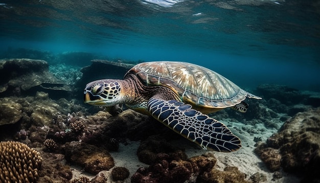 A green sea turtle swims in the waters of the galapagos islands.