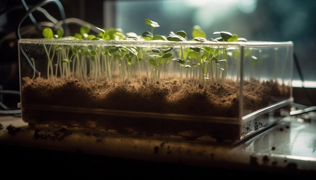 Green seedling growth in laboratory for scientific research generated by AI