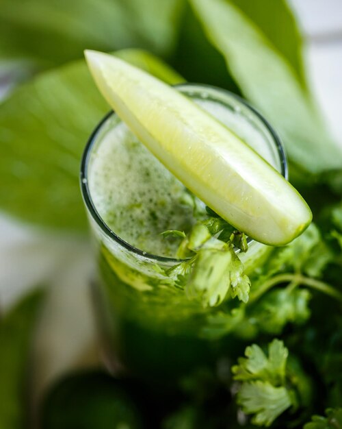 Green smoothies with vegetables Closeup Top view