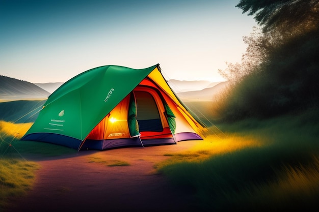 A green tent with the word camp on it