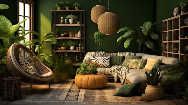 Free Photo green tone visually enchanting bohemian living room background