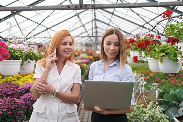 Greenhouse owner presenting flowers options to a potential customer retailer using laptop.