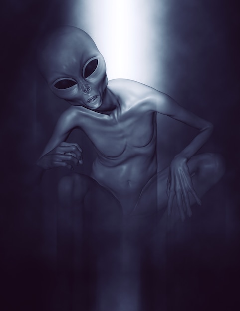 Grey alien in a crouching position 