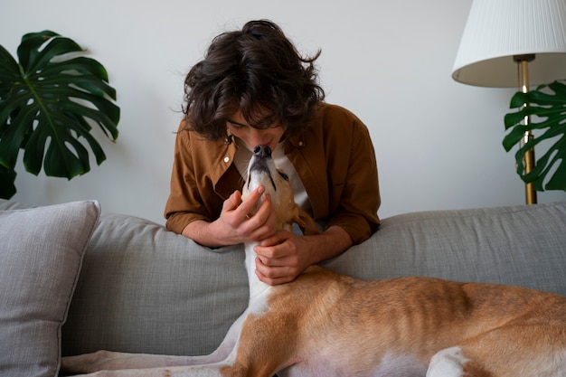 Greyhound dog with male owner at home on couch