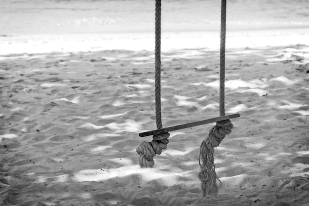 Free photo greyscale shot of an old wooden swing on the beach by the ocean