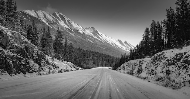 Greyscale shot of a road in the middle of snowy mountains