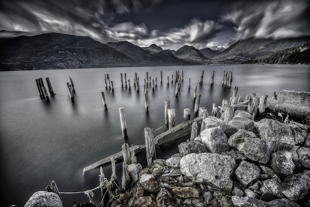 Greyscale shot of tree logs in a lake surrounded by huge rocks and beautiful mountains