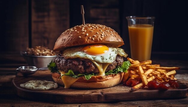 Grilled beef burger with cheese and fries generated by AI