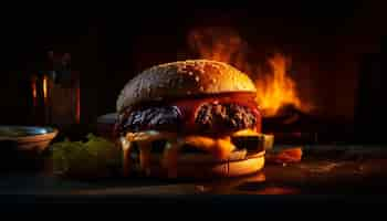 Free photo grilled beef burger on wooden table flame grilled generated by ai