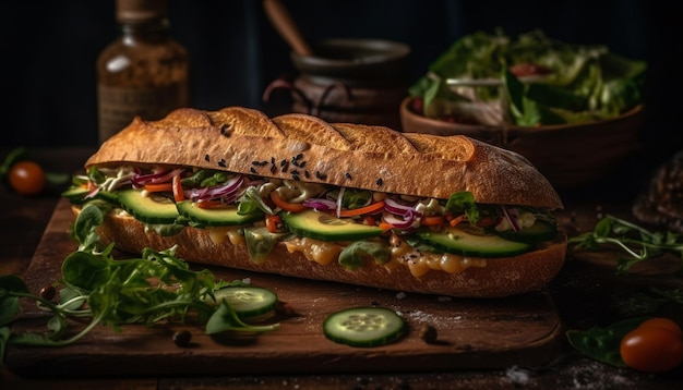 Free Photo grilled beef ciabatta sandwich with fresh vegetables generated by ai