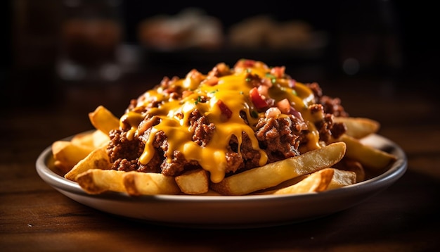 Grilled beef and fries on rustic plate generated by AI