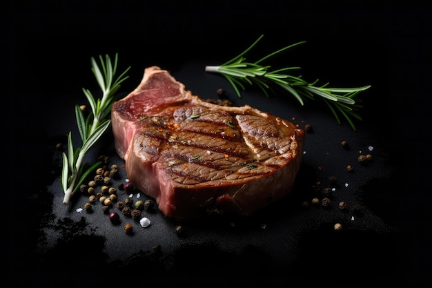 Free photo grilled beef steaks with spices and herbs on black slate and black background ai generative