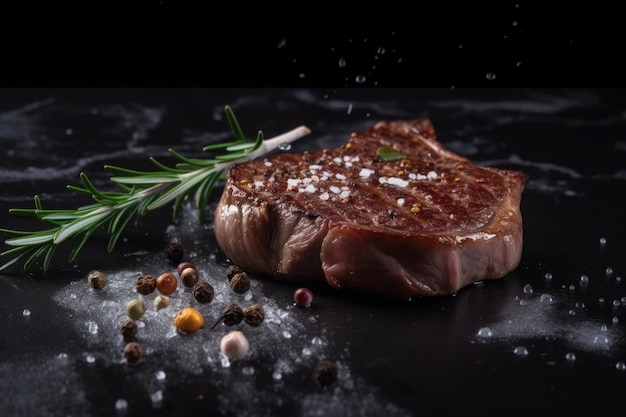 Free photo grilled beef steaks with spices and herbs on black slate and black background ai generative