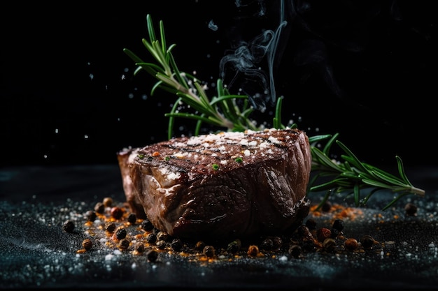 Grilled beef steaks with spices and herbs on black slate and black background Ai generative