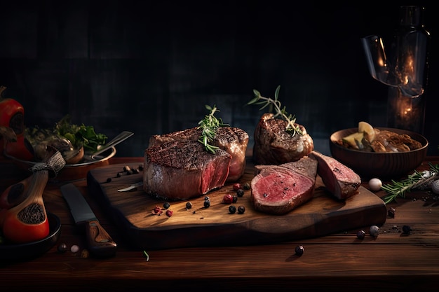 Grilled beef steaks with spices and herbs on cutting board and black background Ai generative