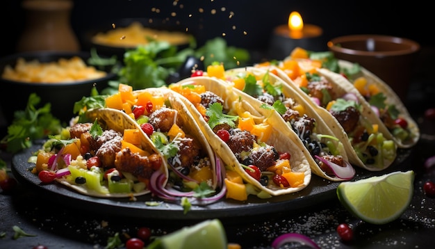 Free photo grilled beef taco with fresh guacamole tomato and cilantro garnish generated by artificial intelligence