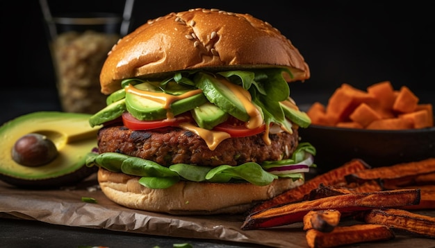 Grilled cheeseburger on ciabatta with French fries generated by AI