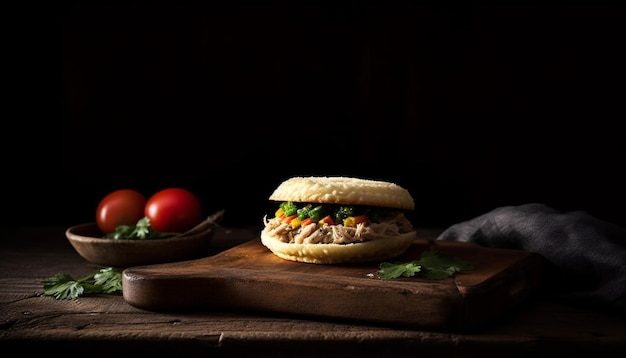 Free photo grilled cheeseburger on rustic wood table generated by ai