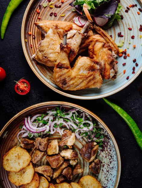 Grilled chicked, beef stew and potato chips with onion and green salad in plates.