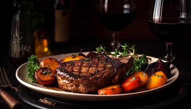 Free photo grilled fillet with tomato and wine meal generated by ai