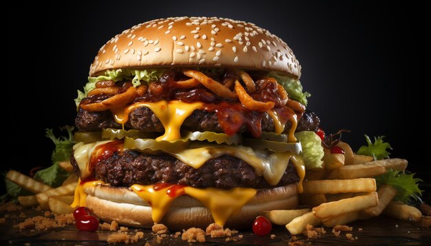 Grilled gourmet burger with cheese tomato onion and French fries generated by artificial intelligence