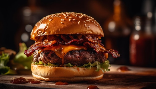 Grilled gourmet cheeseburger with fresh vegetables and fries generated by AI