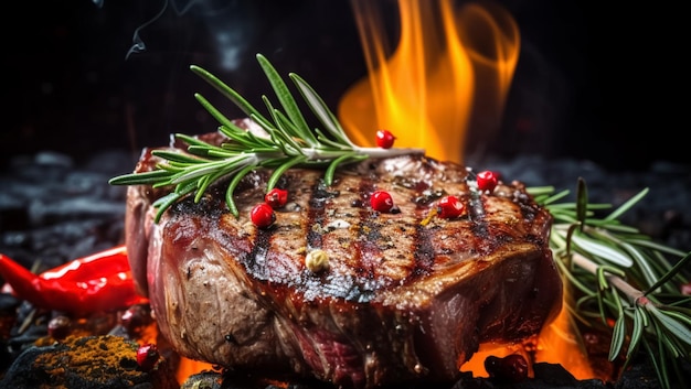 Grilled juicy steak cooking in fire created with Generative AI technology