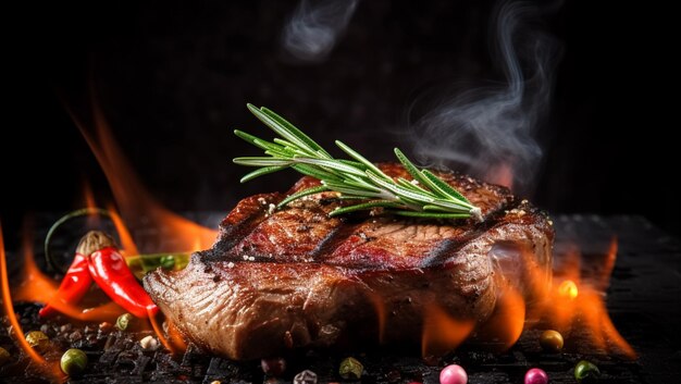 Grilled juicy steak cooking in fire created with Generative AI technology